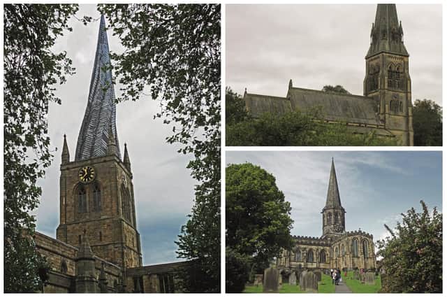 St Mary and All Saints Parish Church (Crooked Spire) Church in Chesterfield,  St Peter's Church in Edensor, All Saints Parish Church, Bakewell, pictured clockwise from left.
