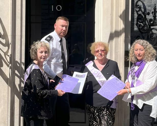 Angela Madden, centre, was among WASPI members who delivered a petition to Prime Minister Rishi Sunak at 10 Downing Street in 2023.