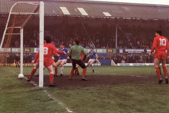 Bob Newton scoring in a 3-1 win over Crewe in the 1984/85 season for Chesterfield.