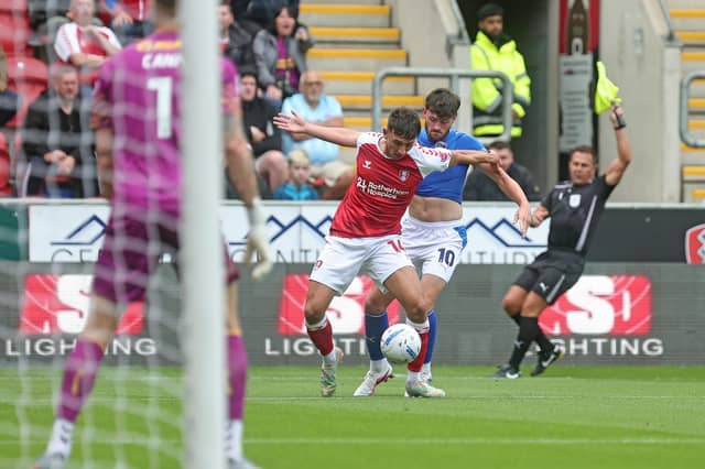 Lee Bonis scraps for possession in Saturday's defeat at Rotherham United. Pic by Tina Jenner