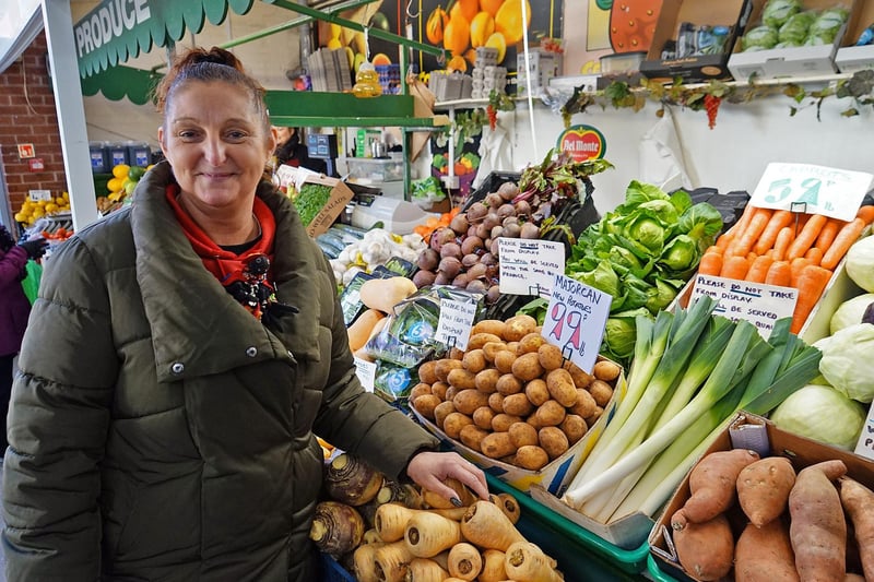 Denise Balandis, 56, of Denise’s Fruit and Veg.
“It’s fun. It’s testing sometimes, but I really do enjoy it. And meeting different people. The bonding we’ve got with all the traders. There’s not anybody you don’t get on with. Your customers, your regulars. My little old ladies. I’ve got people that’ve been coming all the time that I’ve been here. Which is nearly thirty years… My produce is fresh everyday.”