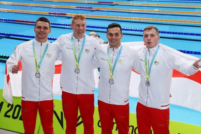 Silver medalists, James Guy, Jacob Whittle, Joe Litchfield and Tom Dean of Team England pose with their medals for the Men's 4 x 200m Freestyle Relay Final on day four of the Birmingham 2022 Commonwealth Games.