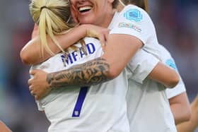 Millie Bright (right) congratulates Beth Mead after England's fourth goal against Norway on Monday night. Photo: Getty.