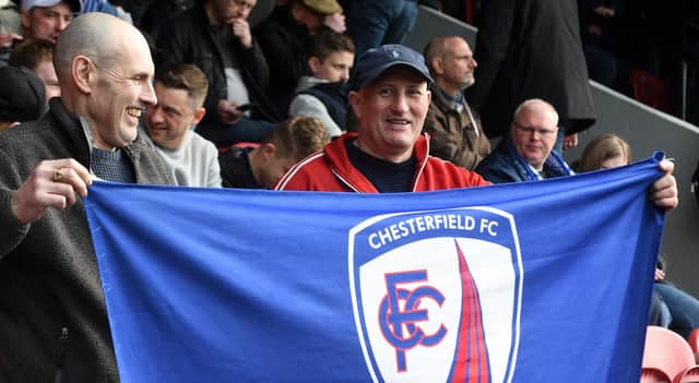 Chesterfield fans before kick-off at Blundell Park ahead of a 1-0 defeat for Spireites on 7th April 2018.