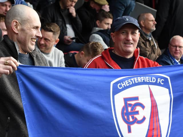 Chesterfield fans before kick-off at Blundell Park ahead of a 1-0 defeat for Spireites on 7th April 2018.
