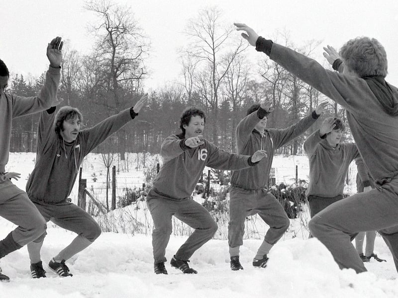 Stags training in the snow.
