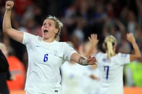 England's defender Millie Bright celebrates after winning the semi-final against Sweden. Photo: Getty.