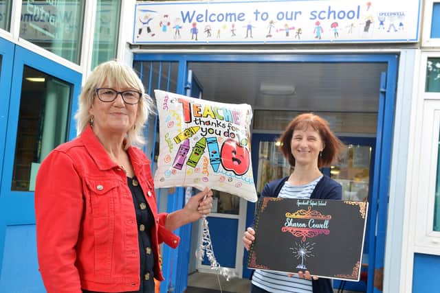 Staveley Speedwell Infant School teacher Sharon Cowell retires afer 33 years, here with headteacher Jane Moore.