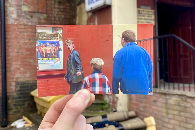 Gaz is inspired by a poster advertising male strippers on the wall of Millthorpe Working Men's Club (actually a former cinema turned carpet and furniture store on Idsworth Road, Sheffield) in this scene from The Full Monty film