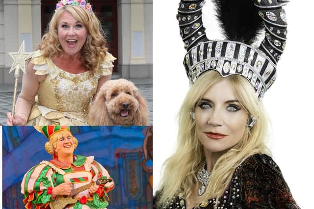 Michelle Collins (main photo) as Carabosse in Sleeping Beauty at Chesterfield's Winding Wheel, Wendi Peters (top left) as Fairy Sugarsnap in Jack and the Beanstalk at Sheffield Lyceum and John Elkington as Sarah The Cook in Dick Whittington at Nottingham Playhouse.