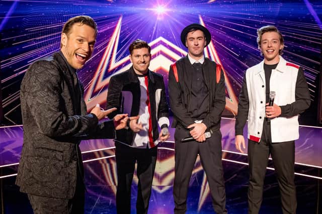 Starstruck presdenter Olly Murs pictured with Team Olly comprising Luke, Anthony and Simon, left to right (photo: ITV/Remarkable TV/Guy Levy).