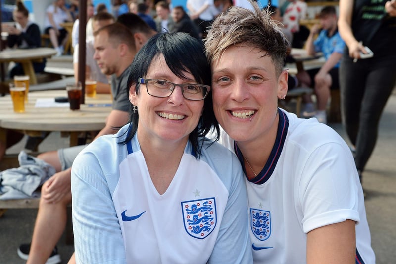 Fans in Chesterfield watch the England v Germany game at the Spotted Frog. Pictured are Kelly Lewis and Rachel Rodgers.