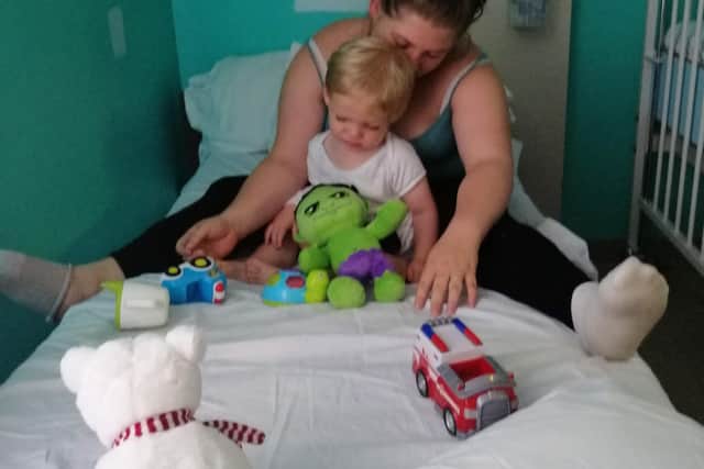 Sylas with mum Nicole in hospital. Picture by Brain Tumour Research.