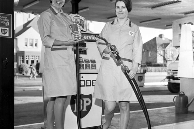 Moira Ellis and Wilma Barnfather at the pumps as the first petrol made from North Sea oil from the Forties field arrive at a filling station in Grangemouth in November 1975.