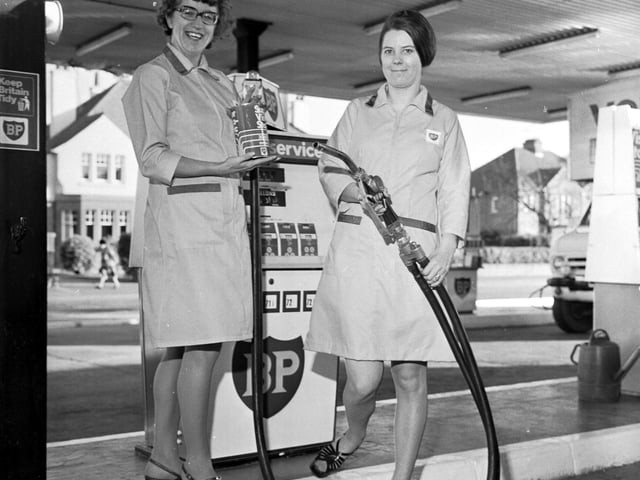 Moira Ellis and Wilma Barnfather at the pumps as the first petrol made from North Sea oil from the Forties field arrive at a filling station in Grangemouth in November 1975.