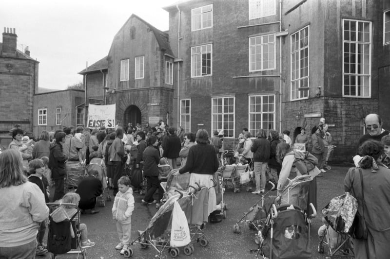 Mothers and children demonstrate outside the Elsie Inglis Memorial hospital in Edinburgh, on the last day before it closes in October 1988.