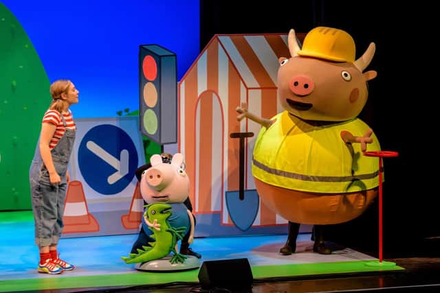 Lizzie Burder (Daisy), George Pig and Mr Bull in Peppa Pig's Best Day Ever. Photo by Dan Tsantilis.