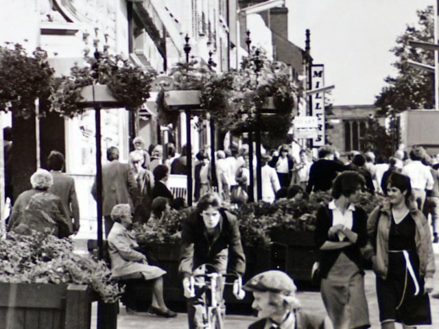 A busy High Street in Chesterfield, 1981.