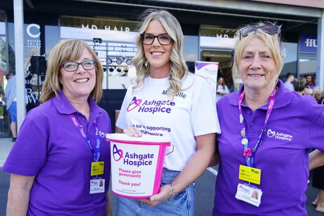 MD Hair charity fundraiser. Michelle Dalman with Adele Taylor and Lynn JOnes community relationship officers for Ashgate Hospice.