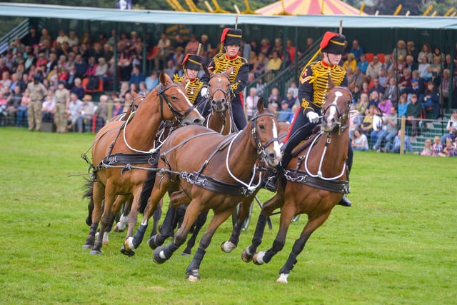 Members of The King's Troop Royal Horse Artillery display their horsemanship.
