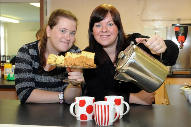 Laura Sutton, right, and Rachel Graham prepare for their fundraising coffee morning at Hartleyburn Community Centre, Hebburn in 2014.