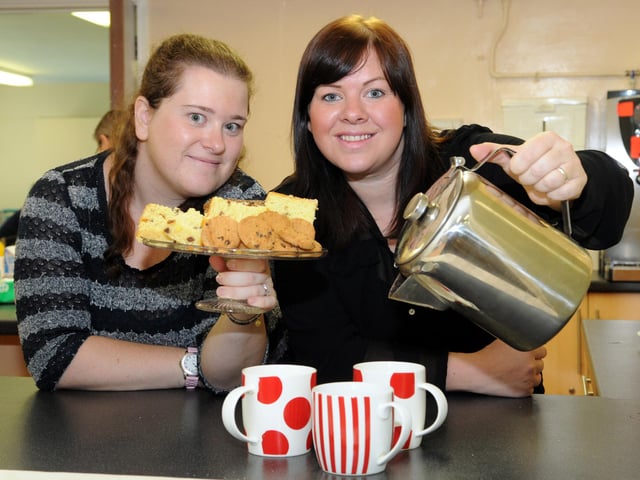 Laura Sutton, right, and Rachel Graham prepare for their fundraising coffee morning at Hartleyburn Community Centre, Hebburn in 2014.