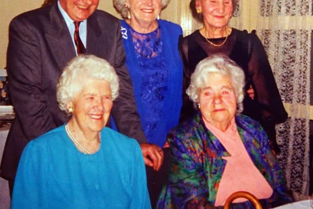 Ted with his wife Joan (far right) on their 50th wedding anniversary, his sister Mary Waterfield between them, and  his half-sisters Ida Fawbert and Agnes Beecroft.