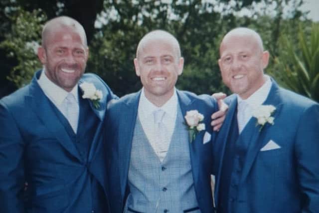 James 'Dodge' Farrow, left, with his brothers Ben, centre, and Joe at Ben's wedding at Ringwood Hall Hotel, Brimington.