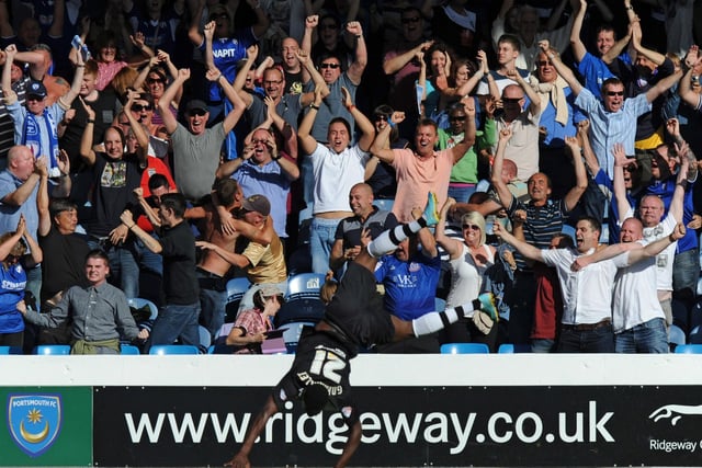 Armand Granduillet celebrates his 87th minute goal in front of the Chesterfield fans. A 2-0 win.
