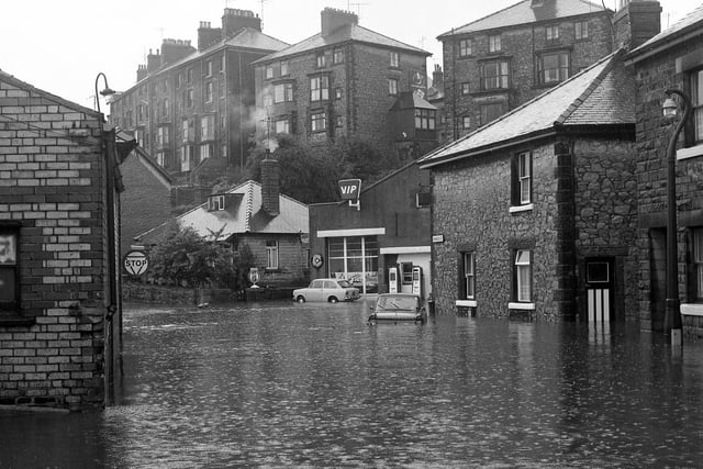 Lightwood Road area floods in Buxton in July 1973, showing the junction of Charles Street and Lightwood Road
