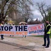 Action on Amazon campaigners outside the Crooked Spire in Chesterfield to spread the word that Amazon workers can blow the whistle on any poor treatment. Picture by Brian Eyre,