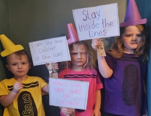 George, Maeve and Lola as "The Day The Crayons Quit" in this photo submitted by Kate Bodell.