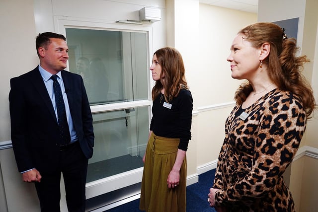 Shadow Health Secretary Wes Streeting visits Hasland medical centre to talk to GPs and patients. Seen talking to GPs Dr Jenny Sockett and Dr Anne-Marie Spooner.