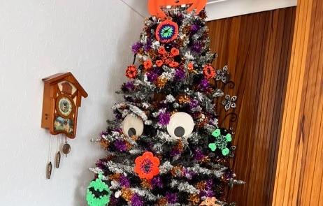 Halloween makeover for a Christmas tree in this photo submitted by Sandra Whalley.