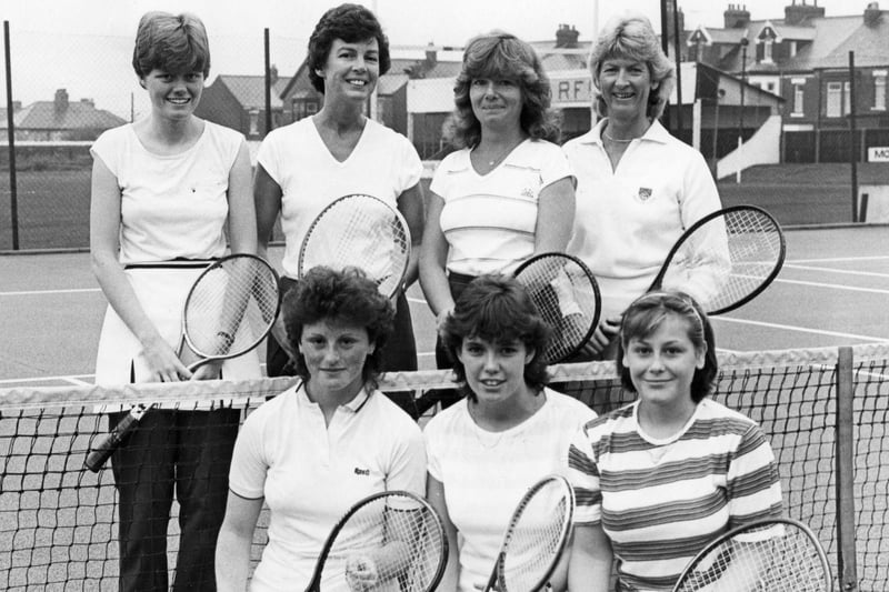 Westoe Ladies Tennis Team who were promoted in 1984 to the Northumberland and Durham League. Pictured left to right, back are:  Susan Dunn, Dorothy Morrision, Jenny Edmiston, Kathleen Dodds.  Front:  Elaine Nesbitt, Judith Atkinson, Debra Downey.