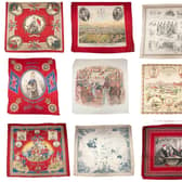 A selection of the 24 hand-engraved handkerchiefs that were  stored for 43 years in a Derbyshire home by a man who saved them from a skip in Greater Manchester.