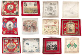 A selection of the 24 hand-engraved handkerchiefs that were  stored for 43 years in a Derbyshire home by a man who saved them from a skip in Greater Manchester.