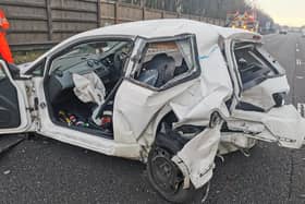 Police say initial enquiries suggest the Seat driver fell asleep at the wheel and crashed on the M1 near Chesterfield (picture: Derbyshire RPU)