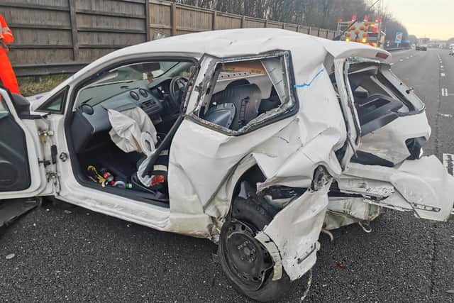 Police say initial enquiries suggest the Seat driver fell asleep at the wheel and crashed on the M1 near Chesterfield (picture: Derbyshire RPU)