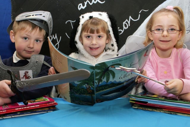 James Rowson, Natasha Dolman and Amy Harris at Crich Infants School's book day.