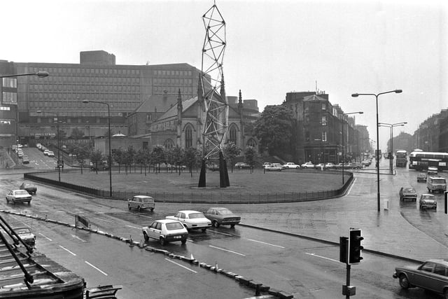 Installed in September 1973 as part of Edinburgh's Christmas decorations, the ‘permanent’ 80-feet high kinetic sculpture on the roundabout at Picardy Place had 96 fixed coloured light tubes linked to electrical circuits controlled by a wind vane, which would change the lights with the weather. Almost as soon as it was completed a campaign started to have it removed. It became popularly known as the "drunken pylon". The kinetic sculpture survived ten years, during which it almost never worked, and was finally removed in 1983.