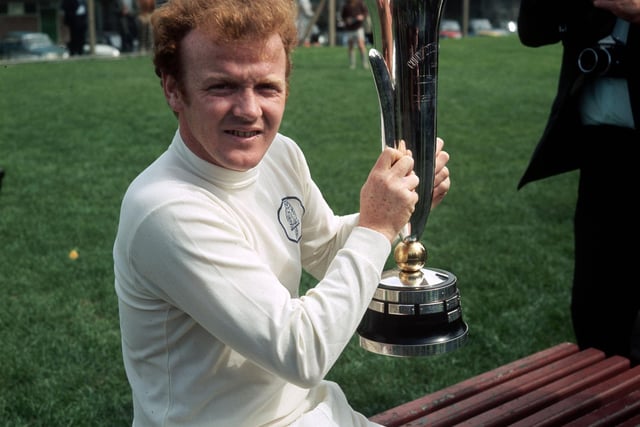 1971: Billy Bremner holds up the Fairs' Cup (UEFA Cup) which his team won after beating Juventus over two legs. Bremner was a key midfielder in Don Revie's team and was voted Player of the Year in 1970. He played 54 times for Scotland and went on to manage Leeds and Doncaster Rovers.
