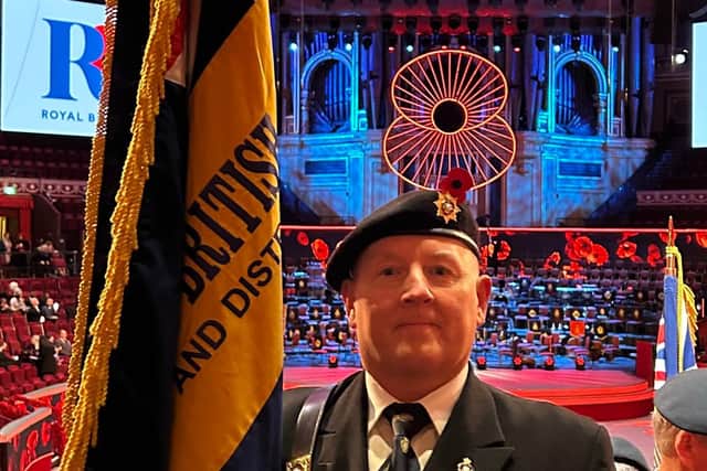 Former chairman of Staveley RBL, John Wallace as a standard bearer at the Festival of remembrance at the Royal Albert Hall.