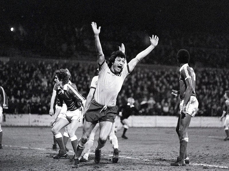 Dave Syrett celebrates netting against Plymouth Argyle.