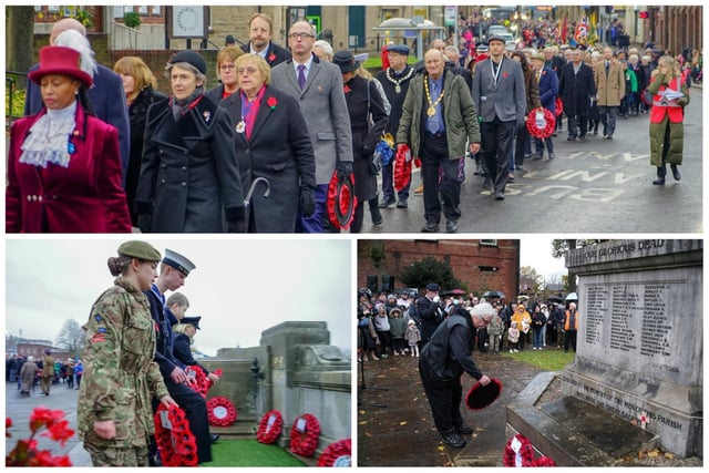 A parade of county and civic dignitaries in Chesterfield (main photo) to the war memorial where uniformed organisations (left) were among those laying wreaths. A photo from Ripley's commemoration shows the father of Thomas Wright (killed in action in Afghanistan) laying a wreath.