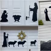 Nativity-themed silhouettes on the garage doors at Hillside Drive, Walton, Chesterfield.