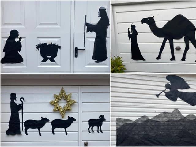 Nativity-themed silhouettes on the garage doors at Hillside Drive, Walton, Chesterfield.