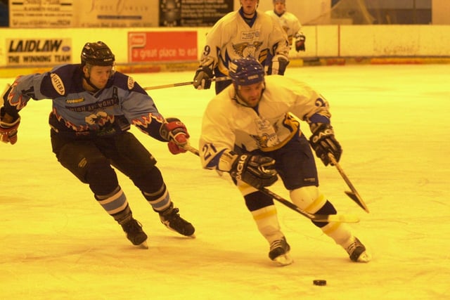 Powerhouse forward and team leader, Karry Biette, icing for Fife Flyers in a game versus Coventry Blaze in 2002