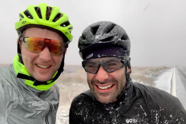 Lord Burlington, former High Sheriff of Derbyshire, and Leigh Timmis on a snowy training ride