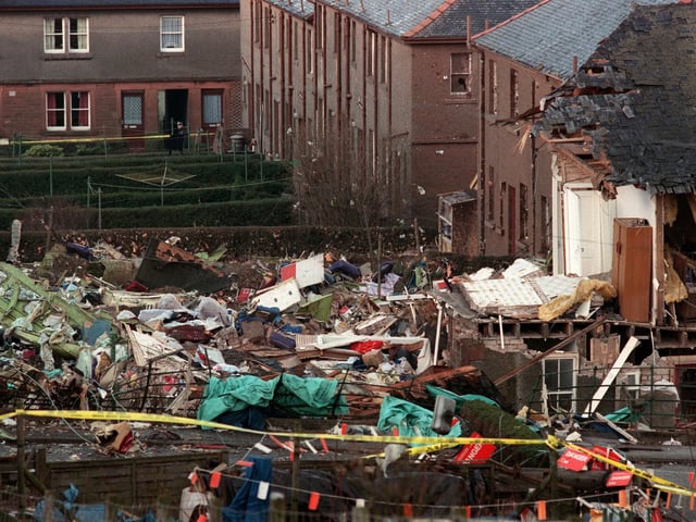 (FILES) In this file photo taken on December 22, 1988 the scene of devastation caused by the explosion of a 747 Pan Am Jumbo jet over Lockerbie, that crashed 21 December on the route to New-York, with 259 passengers on board. All 243 passengers and 16 crew members were killed as well as 11 Lockerbie residents. - A posthumous legal challenge to overturn the conviction of the Lockerbie bomber Abdelbaset Mohmet Al-Megrahi is due to begin in Scotland on November 24, 2020. Megrahi was the only person convicted of bombing Pan Am Flight 103, which was blown up as it travelled from London to New York over the Scottish town of Lockerbie on December 21, 1988. A total of 270 people from 21 countries were killed -- 243 passengers, 16 crew, and 11 people on the ground -- in what remains Britain's biggest terrorist attack. (Photo by ROY LETKEY / AFP) (Photo by ROY LETKEY/AFP via Getty Images)